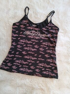 Harley-Davidson Black Camisole Top with Pink Logo Print And Sparkles